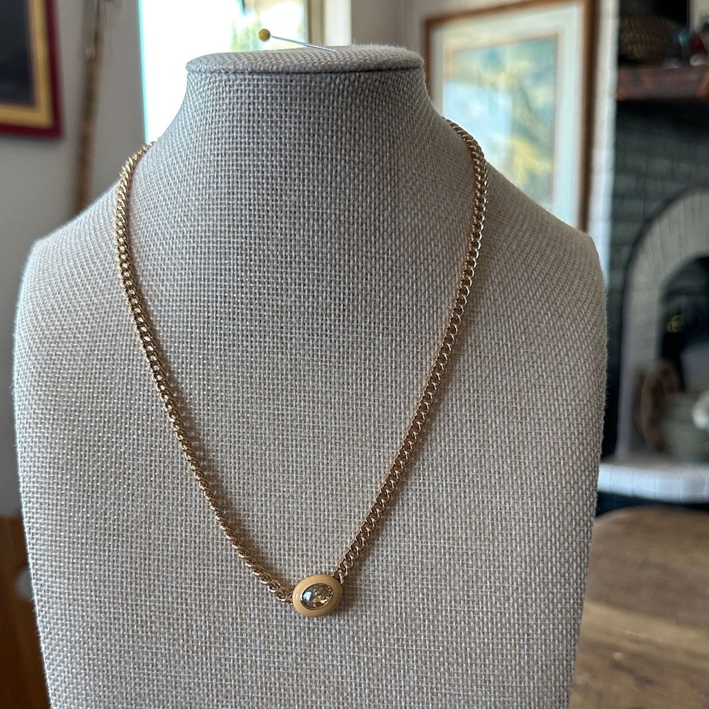 MACRAE  Gold Tone Necklace with Ecru Enamel Circular Pendant